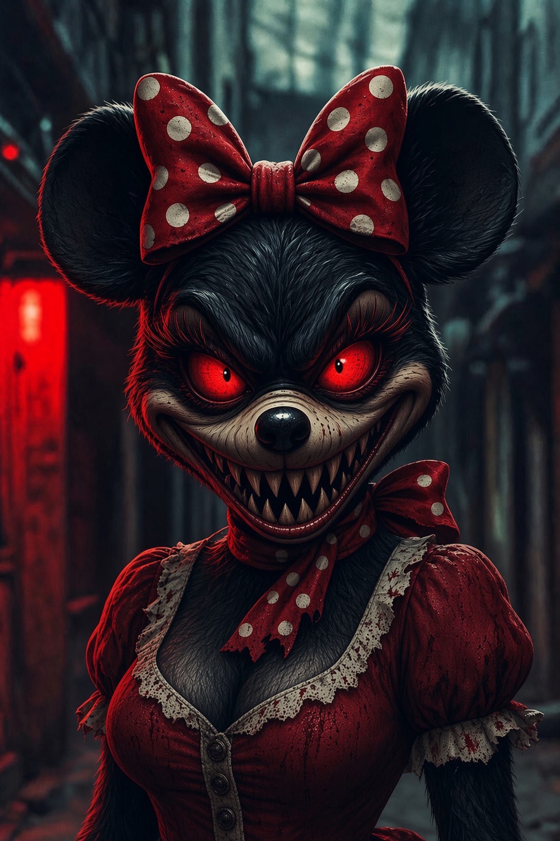 Bad Minnie wearing her red polka-dot bow in a dark forest